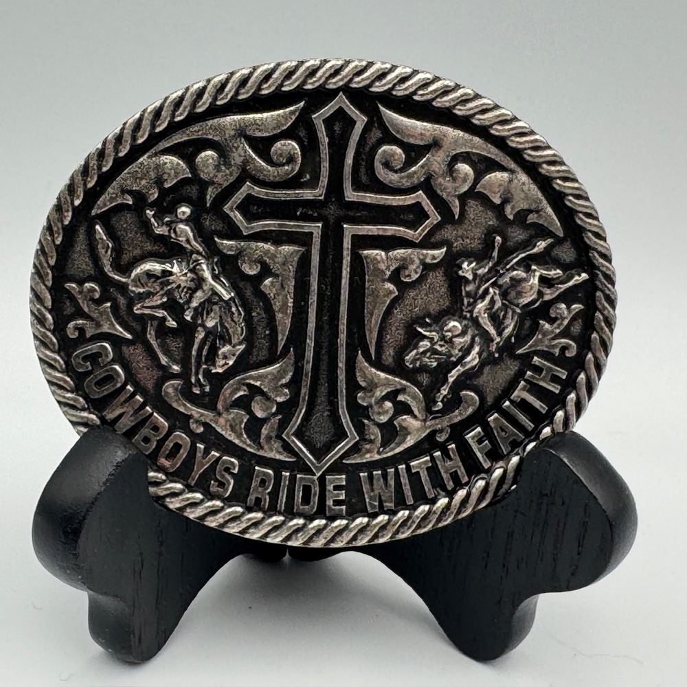 Cowboys Ride With Faith Western Belt Buckle Silver Tone Cross Rodeo Bull Rider